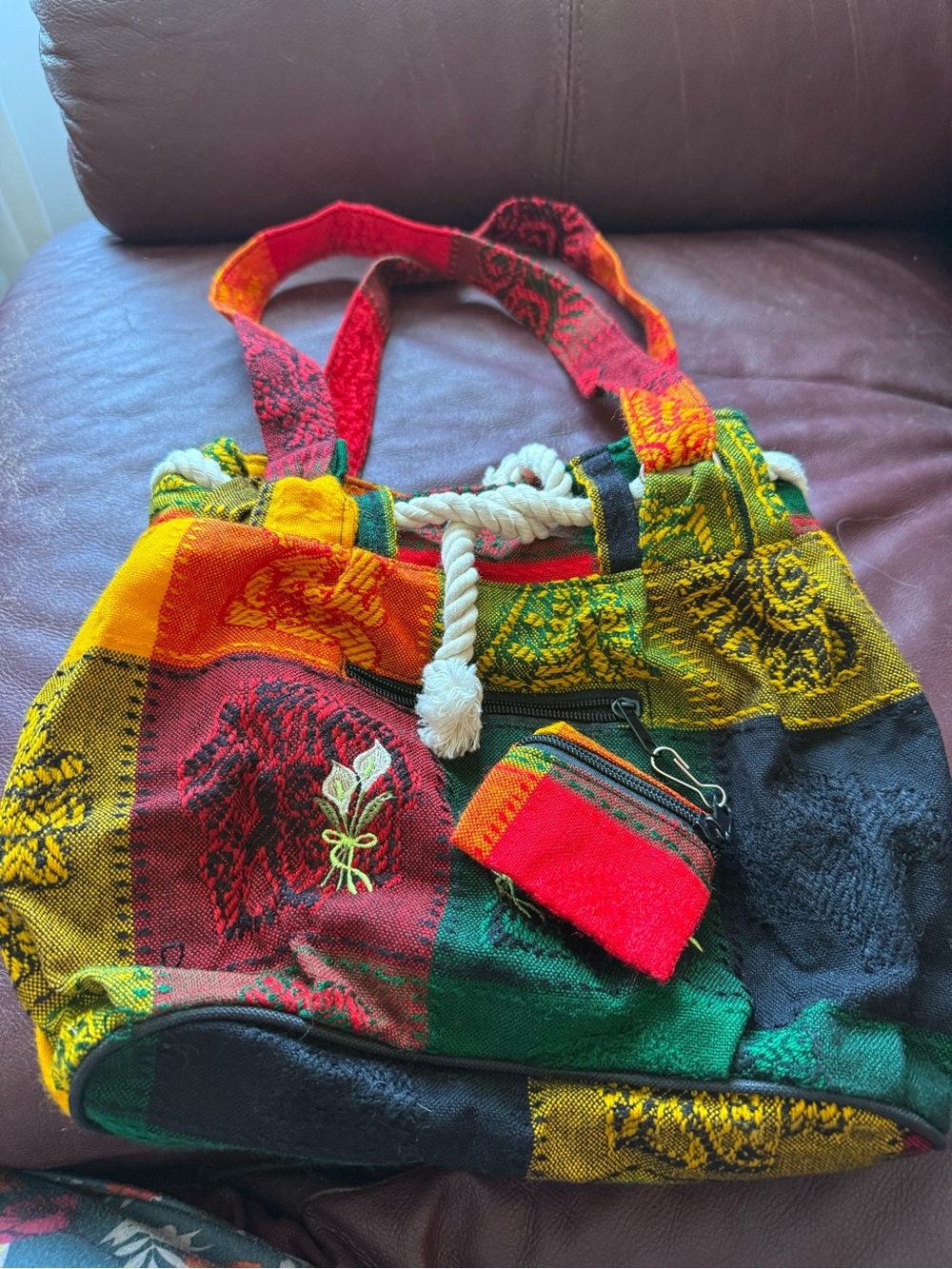Bohemian Patchwork Rope-Handle Tote Bag in Red, Green & Yellow